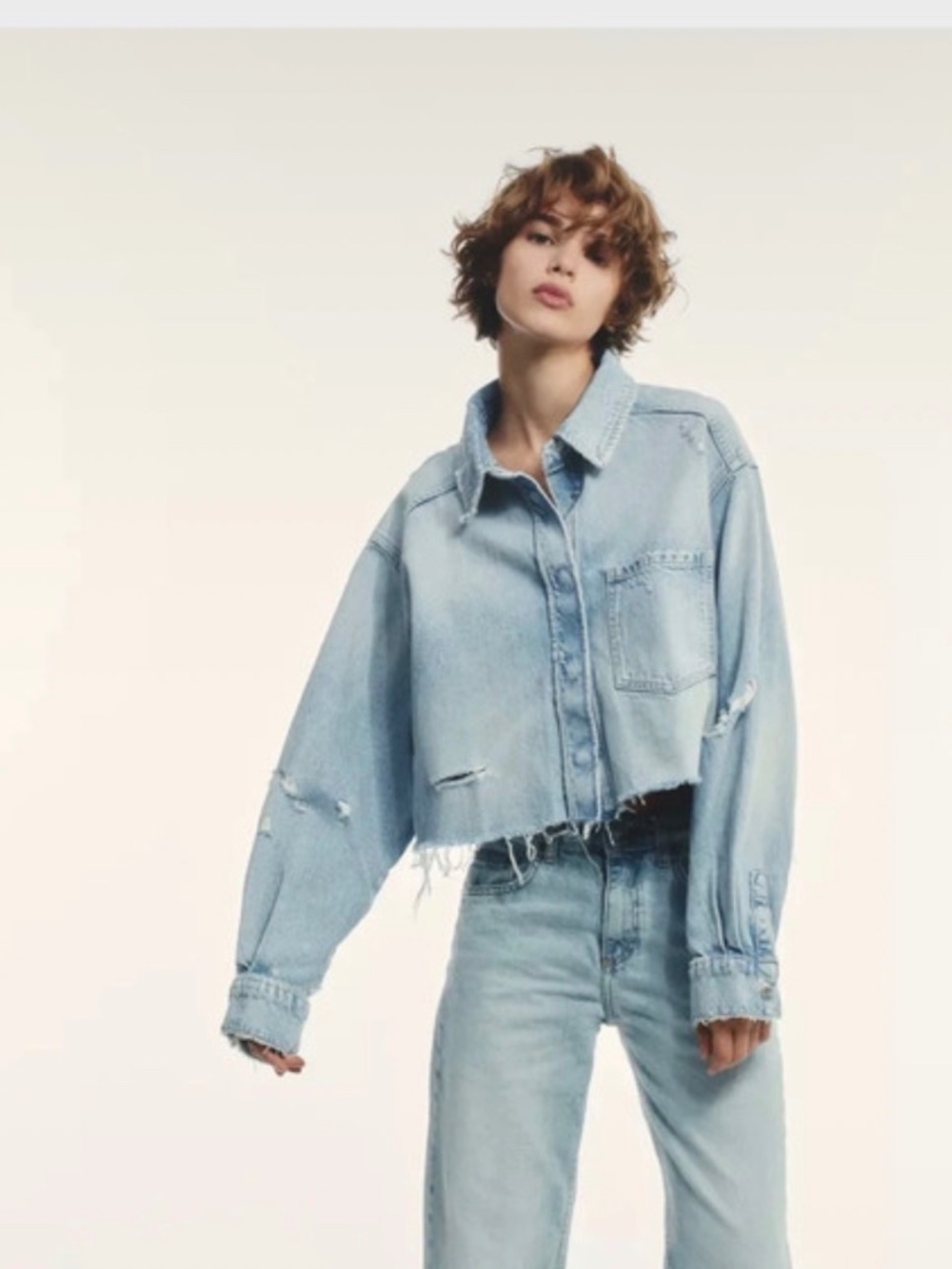 Zara Crop Distress Denim Jacket - Size Small